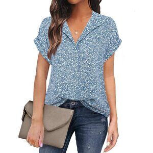 Women Multi Blue Short Sleeve Blouses V Neck Design Business Collared Shirts